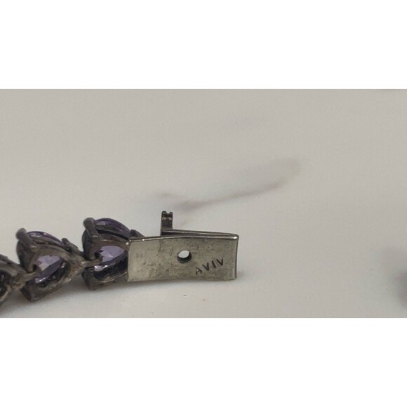 Vintage Sterling Silver Bracelet Purple Glass Heart Stones Signed 7" - Picture 12 of 14